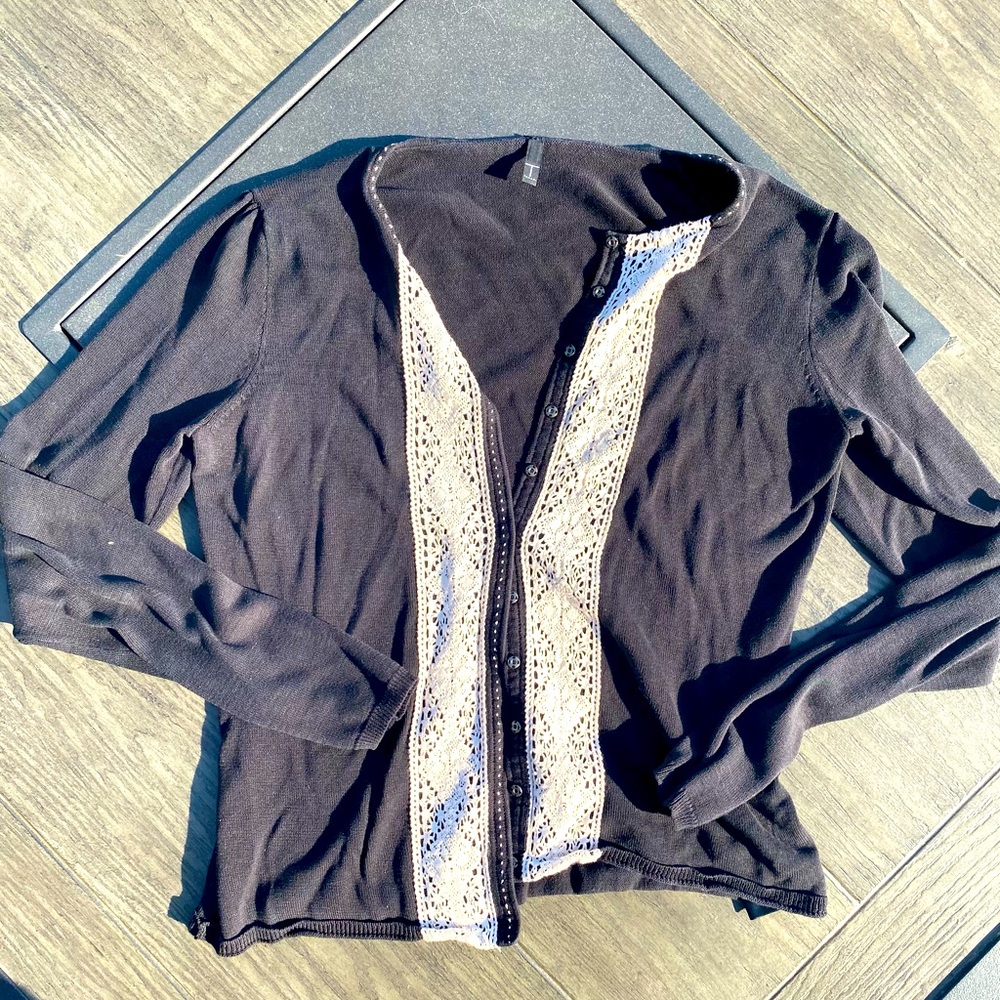 Beautiful black silk cardigan, lace front detail.